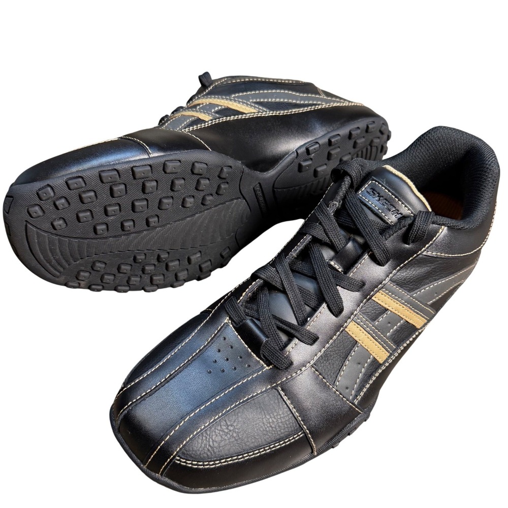 Skechers 64455 Mens Black Leather Memory Foam Racing Style Sneakers Size 10.5
